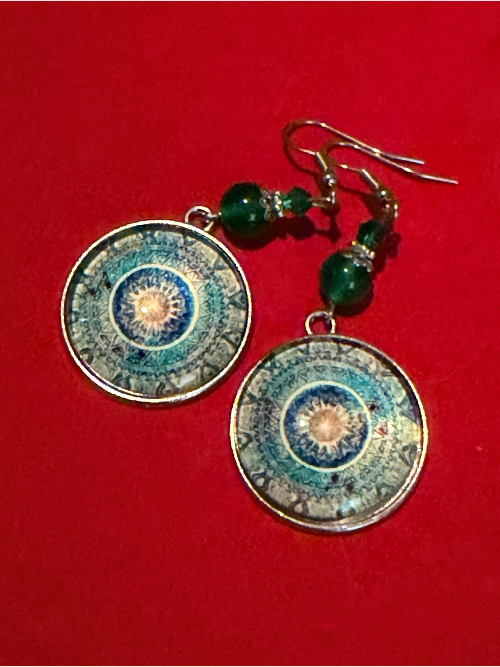 NWOT Blue and Green Mandala Drop Earrings with Bead Accents
